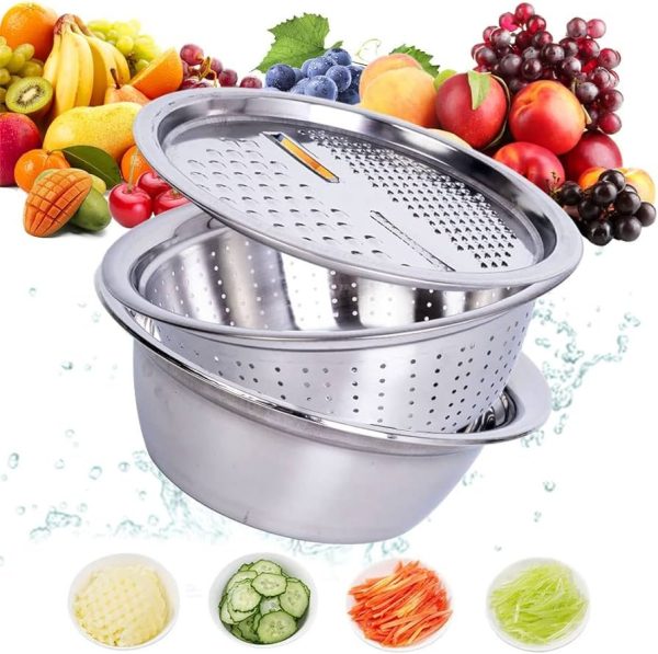 3 in 1 Stainless Steel Vegetable Washing Bowl with Drain Basket 26/28 cm Vegetabe Washing Basket