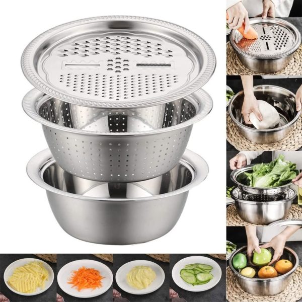 3 in 1 Stainless Steel Vegetable Washing Bowl with Drain Basket 26/28 cm Vegetabe Washing Basket