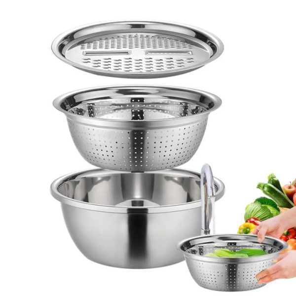 3 in 1 Stainless Steel Vegetable Washing Bowl with Drain Basket 26/28 cm Vegetabe Washing Basket