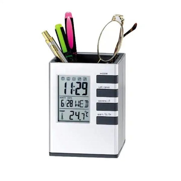 Pen Holder With Digital Watch - Silver Cube desk pen stand with digital clock