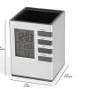 Pen Holder With Digital Watch - Silver Cube desk pen stand with digital clock