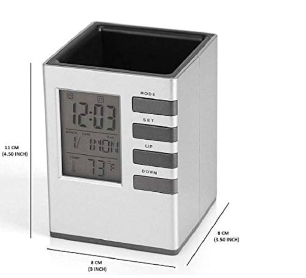 Pen Holder With Digital Watch - Silver Cube desk pen stand with digital clock