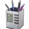 Pen Holder With Digital Watch - Silver Cube desk pen stand with digital clock