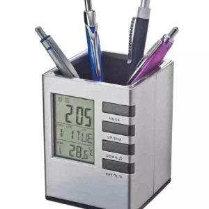 Pen Holder With Digital Watch - Silver Cube desk pen stand with digital clock