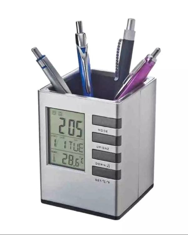Pen Holder With Digital Watch - Silver Cube desk pen stand with digital clock