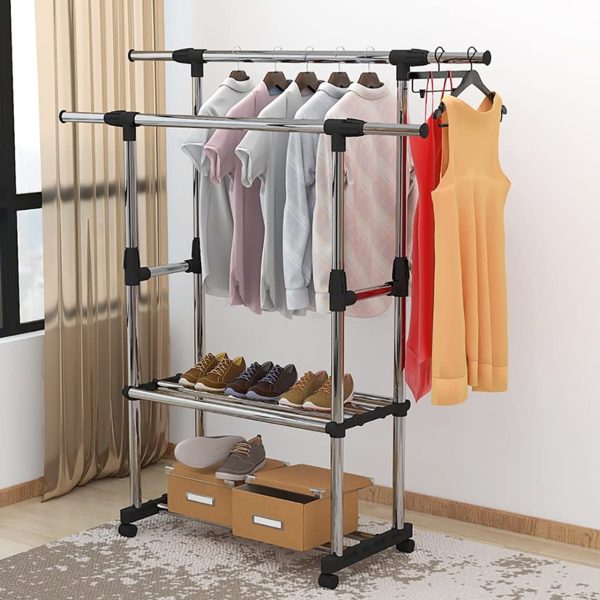 Double Layer Cloth Rack 2 Layers Double pole Clothes Hanging Rack With Shoe Rack
