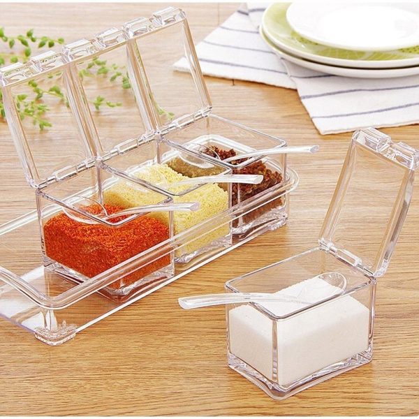 4 Spice Crystal Seasoning Box1 4 Spice Crystal Seasoning Box for Kitchen 4pcs Spice Rack Transparent Crystal Seasoning Box With Spoons