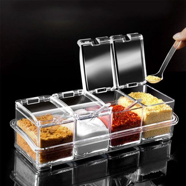 4 Spice Crystal Seasoning Box2 4 Spice Crystal Seasoning Box for Kitchen 4pcs Spice Rack Transparent Crystal Seasoning Box With Spoons