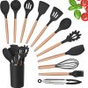 12 Piece Silicone Kitchen Utensil Wooden Handles, Kitchen Spatula Sets with Holder Spoon Turner Tongs