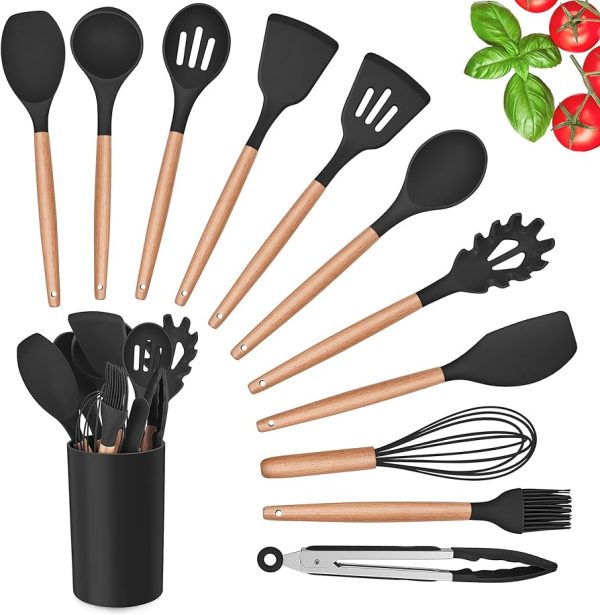 12 Piece Silicone Kitchen Utensil Wooden Handles, Kitchen Spatula Sets with Holder Spoon Turner Tongs