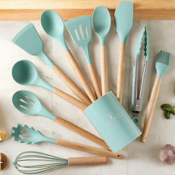 12 Piece Silicone Kitchen Utensil Wooden Handles, Kitchen Spatula Sets with Holder Spoon Turner Tongs
