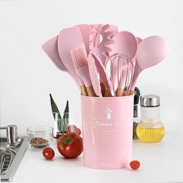 12 Piece Silicone Kitchen Utensil Wooden Handles, Kitchen Spatula Sets with Holder Spoon Turner Tongs