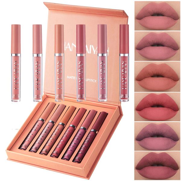 HANDAIYAN 6 Colors Long Lasting Velvet Lips Tint Liquid Lipsticks Waterproof Non-Stick Cup Lipgloss Gift Set (A)