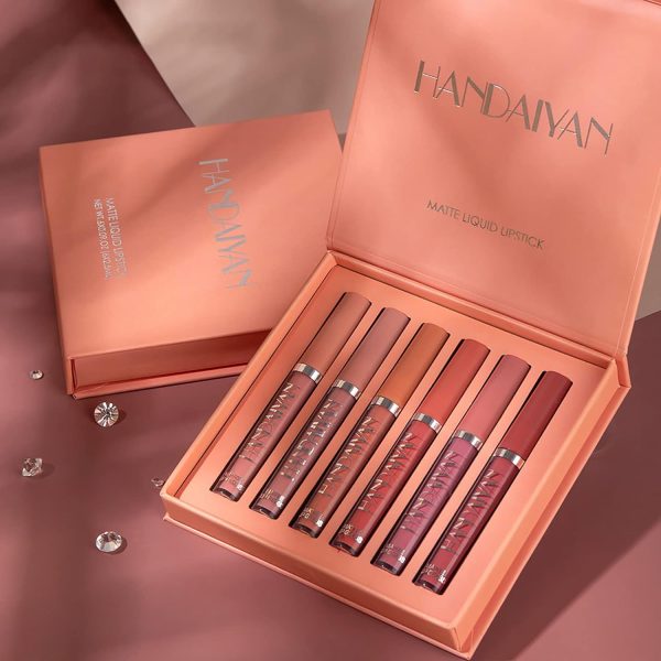 HANDAIYAN 6 Colors Long Lasting Velvet Lips Tint Liquid Lipsticks Waterproof Non-Stick Cup Lipgloss Gift Set (A)