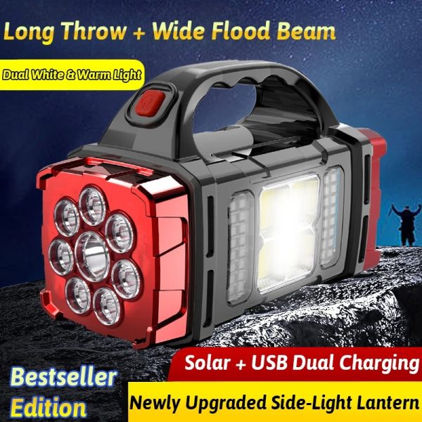 5000mAh Solar LED Flashlight COB Camping Lantern Work Light USB Charging Light Waterproof Portable Searchlight Power Bank