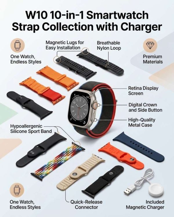 W10 Smart Watch 10 in W10 Smart Watch with 10 Straps